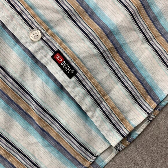 Diesel Mens Shirt Large White Blue Vertical Striped Button Up Long Sleeve - Picture 3 of 7